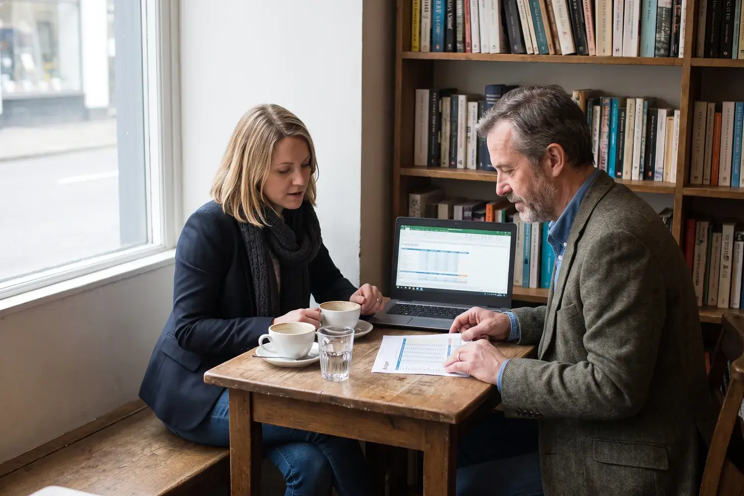 A founder and a finance director review a printed budget and laptop in a quiet café corner