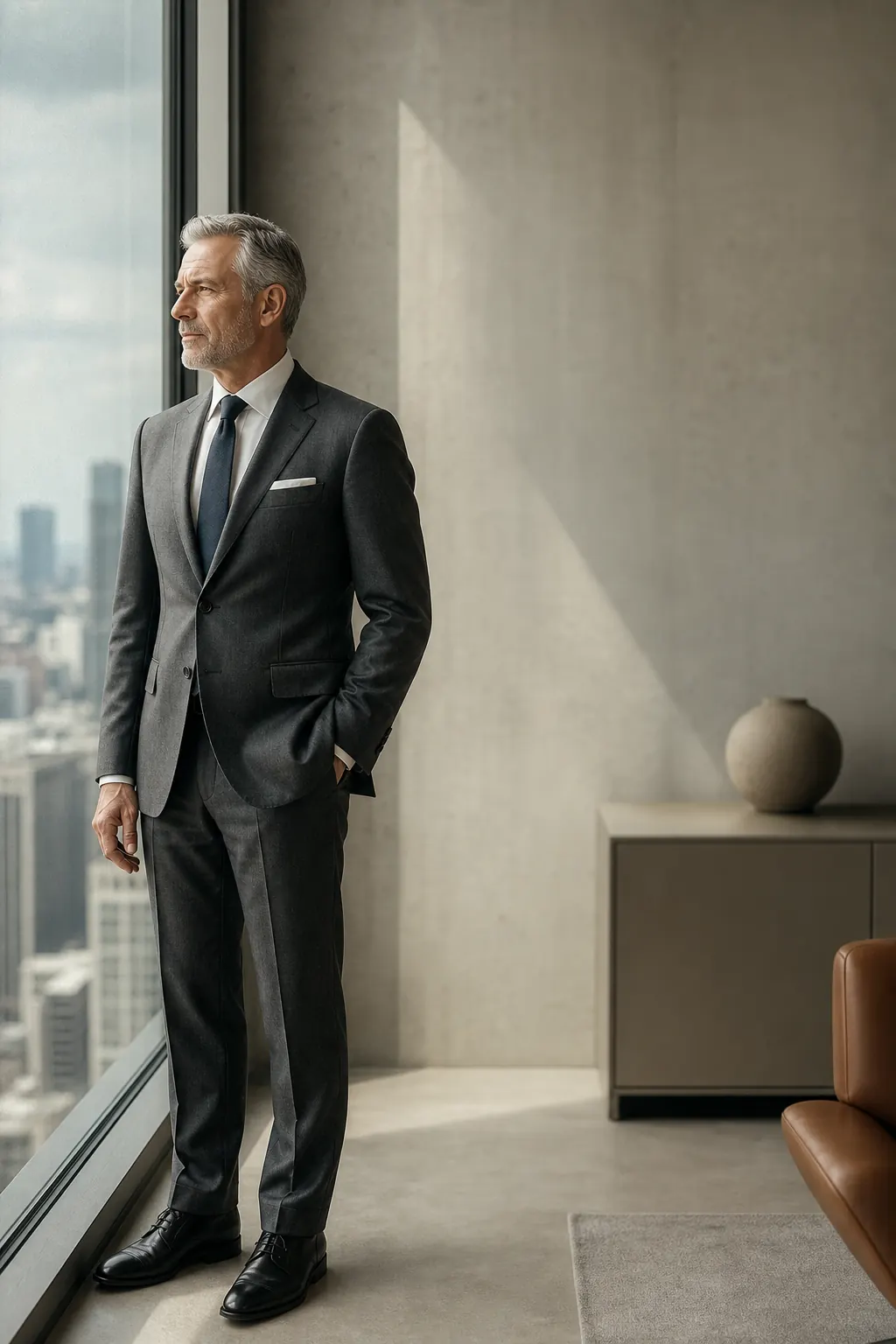 A senior executive standing composed by a window in a quiet office above the city